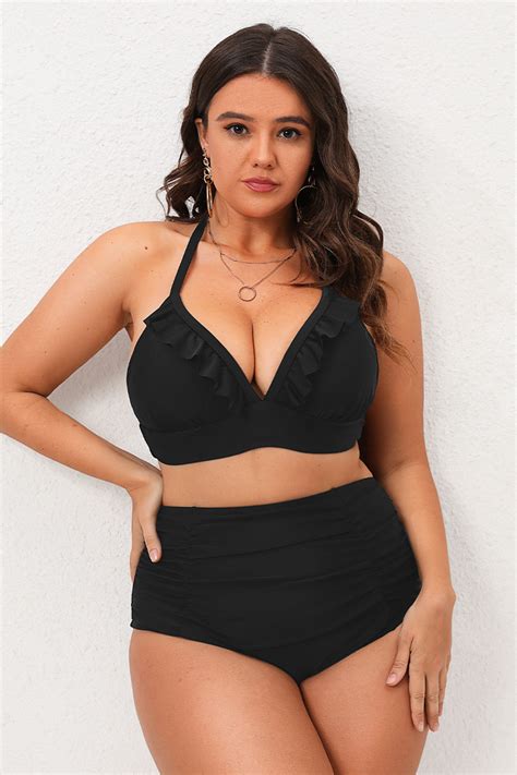 Conjunto De Bikini Con Volantes Y Cintura Alta Con Camisas