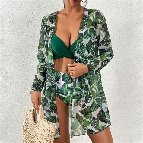 Toperth Three Piece Tropical Print Wrap Bikini Set Toperth