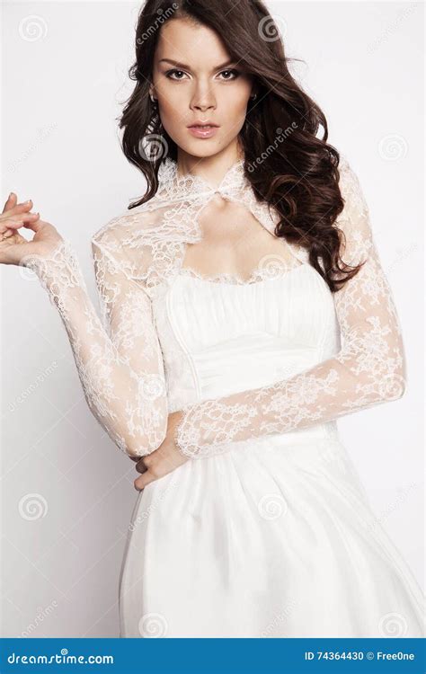 Brunette Model In White Dress Posing Stock Photo Image Of Face Person 74364430