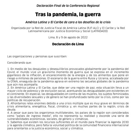Declaraci N Final De La Conferencia Regional Tras La Pandemia La Guerra Am Rica Latina Y El