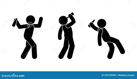Stick Figure Drunk Man Set Of Stickman With Alcohol Bottle Stock