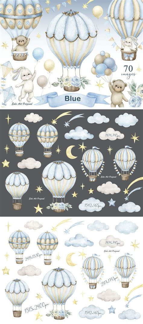 Teddy Bear Hot Air Balloons Baby Boy Shower Baby Bunny Kite Clouds Blue Floral Clipart Png
