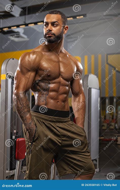 Muscular Man Working Out In Gym Strong Swarthy Male Naked Torso Abs Stock Image Image Of