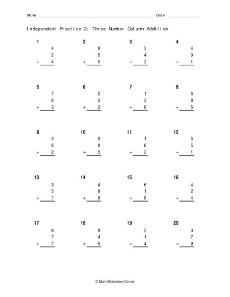 Three Number Column Addition Worksheet For 2nd 4th Grade Lesson Planet