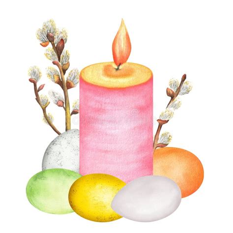A Large Pink Candle Tied With A String And Pussy Willow Twig Colorful Easter Eggs Clipart