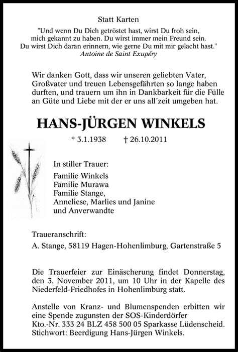 Traueranzeigen Von Hans J Rgen Winkels Trauer In Nrw De