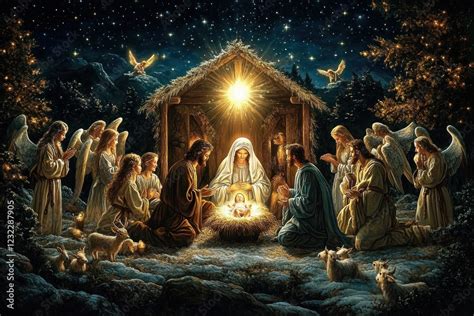 nativity scene oil painting  holy family christmas illustration