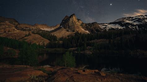 mountains, lake, night, landscape, dark, 4k HD Wallpaper