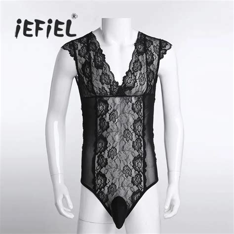 Iefiel Black Mens Lingerie Sleeveless Sheer Floral Lace Sissy Pouch One Piece V Neckline