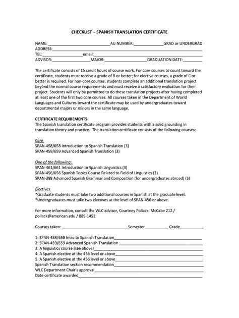CHECKLIST SPANISH TRANSLATION CERTIFICATE American Form - Fill Out and