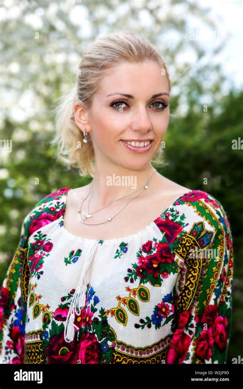 Ukrainian Beautiful Blonde Girl Portrait On Green Background Stock Photo Alamy