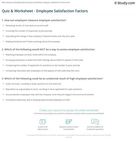 Quiz & Worksheet - Employee Satisfaction Factors | Study.com