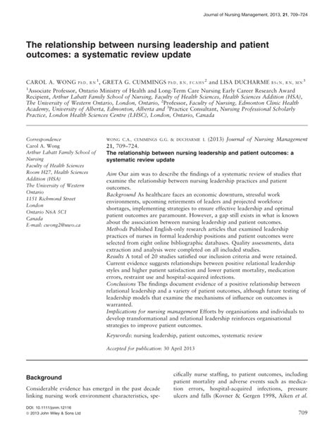 The Relationship Between Nursing Leadership And Patient Outcomes 2013