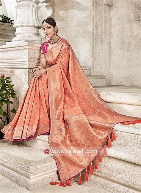 Peach Banarasi Silk Saree With Images Saree Styles Wedding Saree