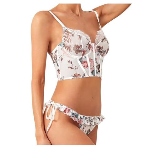 Ensemble Lingerie Femmes Corset Dentelle À Armatures Racy Mousseline Blanche Polyester