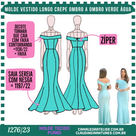 Molde Vestido Longo Crepe Ombro A Ombro Verde Agua 1276 23 CAMALEOA