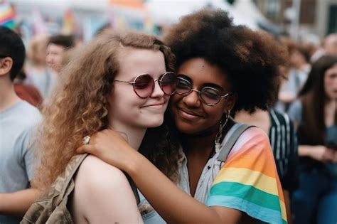 Premium Photo Two Lesbian Lovers Hugging Together On Lgbt Parade