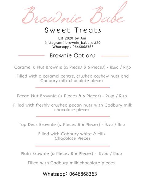 Menu At Brownie Babe Cape Town