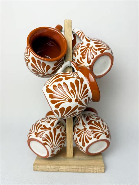 Mexican Clay Mugs Talavera Style 6pc Set With Stand | Clay mugs