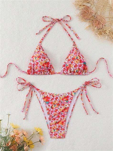 Women S Summer Beach Ditsy Floral Halter Neck Tie Sexy Bikini Set
