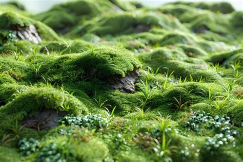 Lush Green Moss and Grass Growing on Rocks in a Forest Environment