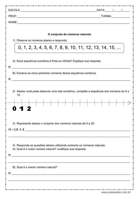 ATIVIDADES SOBRE NÚMEROS NATURAIS PARA O 6º ANO