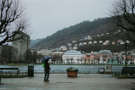 Rainy Day in Bergen with UmbrellaFree Stock Photo