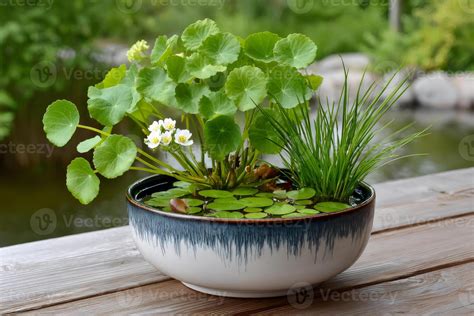 mini pond  aquatic plants growing  decorative bowl  wooden