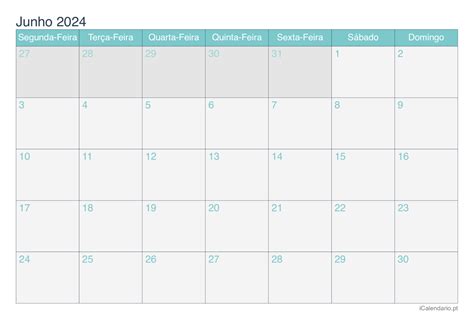Calendário junho de 2024 para imprimir