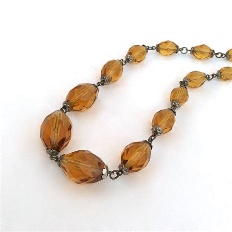 Vintage 30s Necklace 1930s Czechoslovakian Amber Glass Faceted Beads