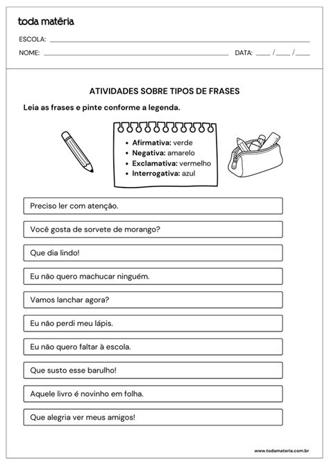 Atividades sobre tipos de frases (para imprimir) - Toda Matéria