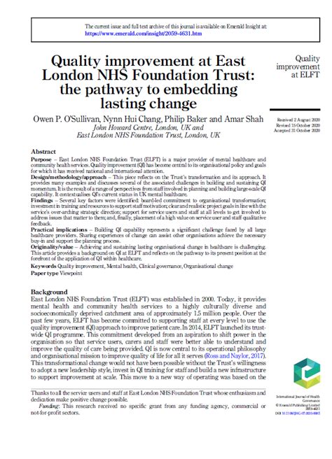 Quality improvement at East London NHS Foundation Trust: the pathway to ...