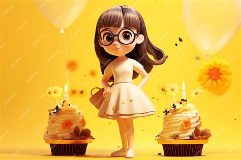 Premium Photo Cute Girl In Glasses With Birthday Cake And Flowers On