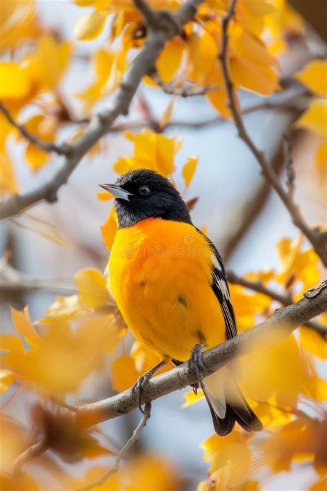Vibrant Orange Baltimore Oriole Bird Perched In Golden Autumn Foliage