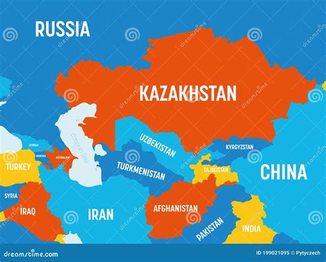 Mapa Azji Środkowej - 4 Jasnych Kolorów Wysoko Szczegółowa Mapa Polityczna Regionu ...