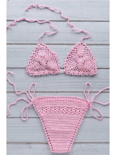 Halter Lace Up Crochet Bikini Set In Pink One Size Fit Size Xs To M Zaful