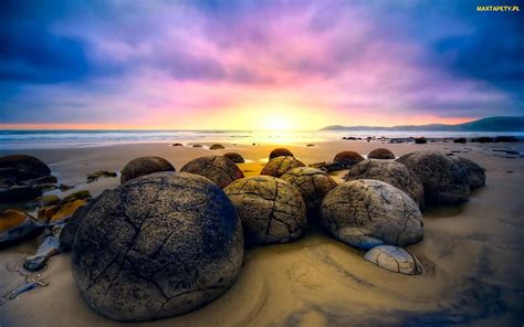 Tapety Zdjęcia Nowa Zelandia Skały Wschód Słońca Plaża Piasek