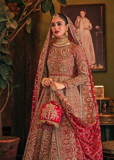 Traditional Double Layered Pishwas Pakistani Bridal Dress Nameera By Farooq