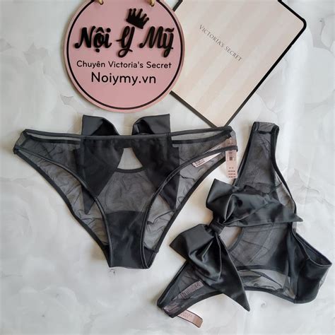 Quần lót Victoria Secret bikini ren lưới nơ lụa phía sau màu đen
