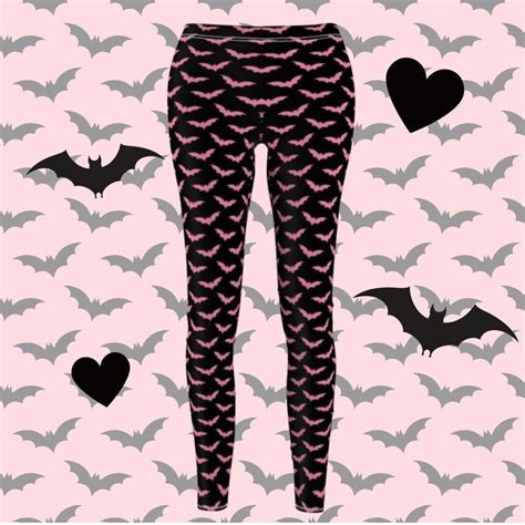 Pastel Goth Pink Bats On Black Leggings Kawaii Bats Leggings Creepy