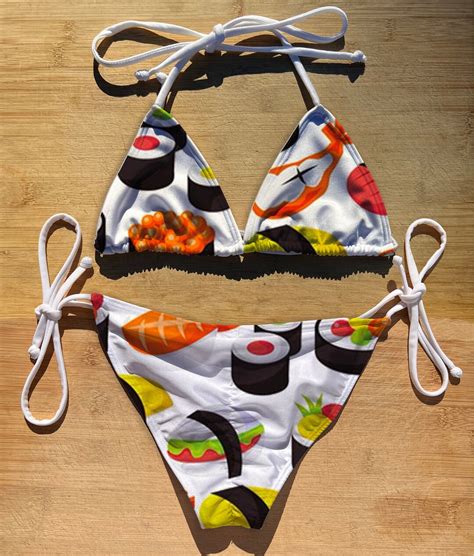 Swimwear Scrunch Butt Tie Triangle Top Bikini Set Sushi Thong Cheeky Full Coverage