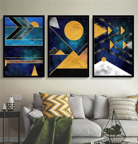 Kit 3 Quadros Decorativos Geométrico Azul Abstrato Moldura Elo7