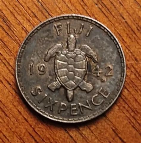 1942 S FIJI SIXPENCE GEORGE VI SILVER High Grade Turtle Coin 17 31