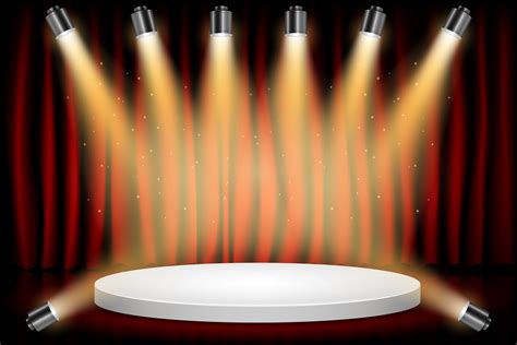 White Round Winner Podium on Red Curtain Theater Scene Stage Background ...