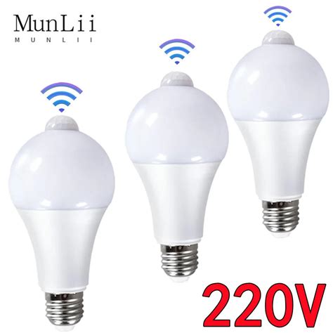 Munlii 220v e27 pir sensor de movimento lâmpada 12w 15 18 lâmpada led