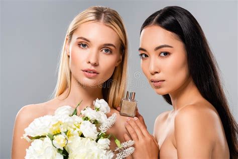 Naked Women With White Flowers And Perfume On Grey Stock Image Image Of Perfumery Essence
