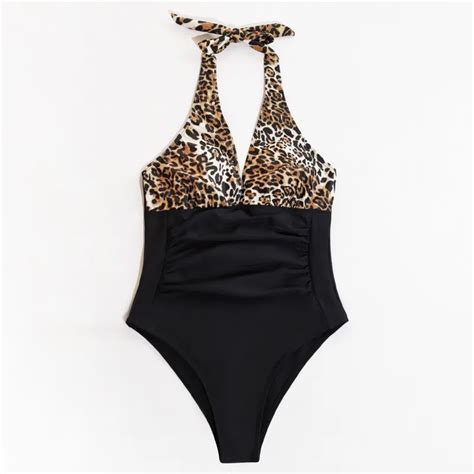Summer Sexy Deep V Neck One Piece Swimsuit Women Leopard Print Fashion Bodysuit Backless Bikini