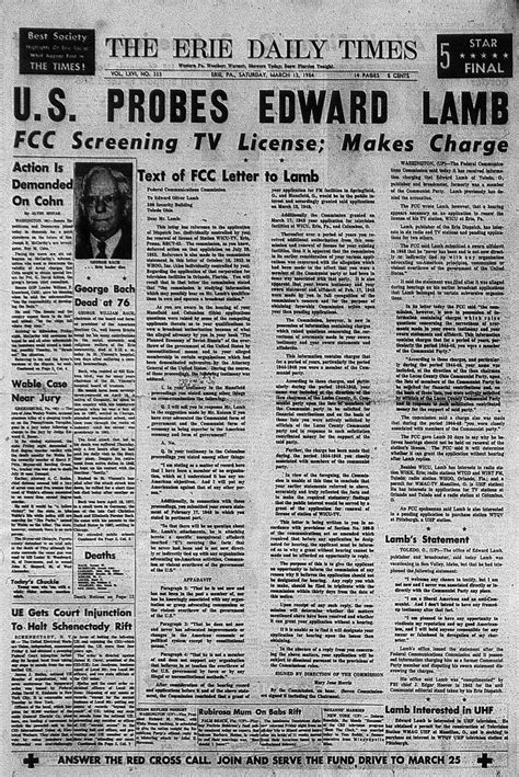 Erie Daily Times March 13, 1954: McCarthy era in Erie