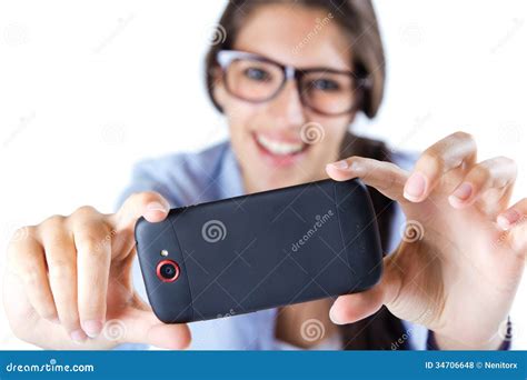 Cute Brunette Woman Taking Photo Of Herself Stock Photo Image Of Adult Happy