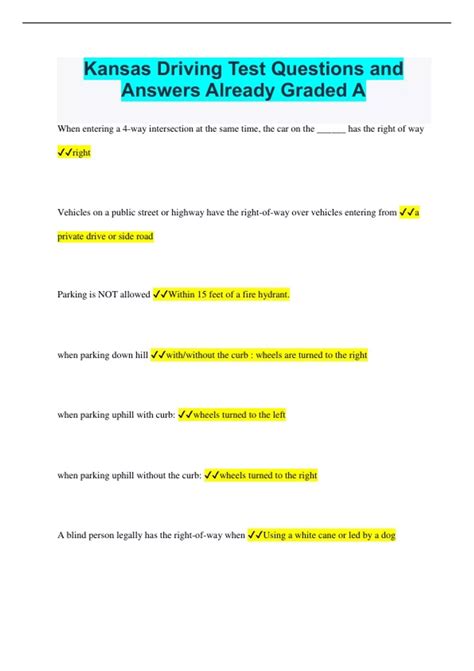 Kansas Driving Test Bundled Exams Questions and Answers Multiple